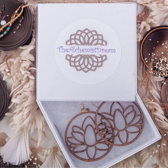 Wooden Lotus Earrings 2” - Picture 3 of 4